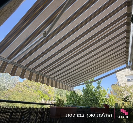 סוכך מרפסת עם צמחים ברקע ביום שמשי